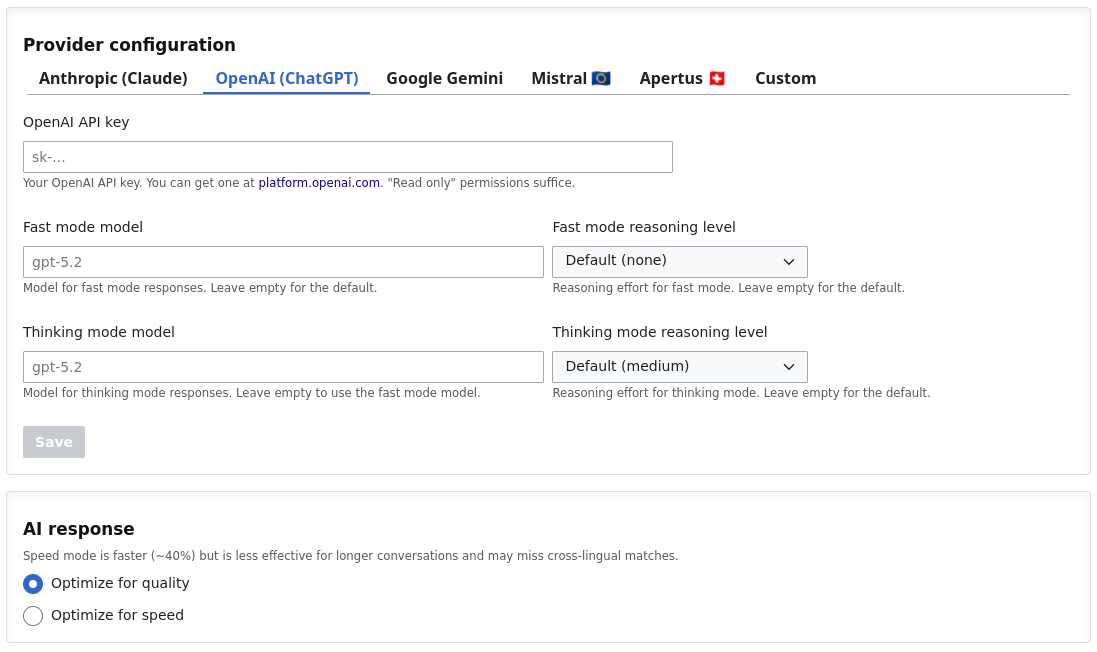 KI-Assistent-Anbieterkonfiguration im Admin-Panel, mit Anthropic, OpenAI, Google Gemini, Mistral, Apertus und eigenen Optionen