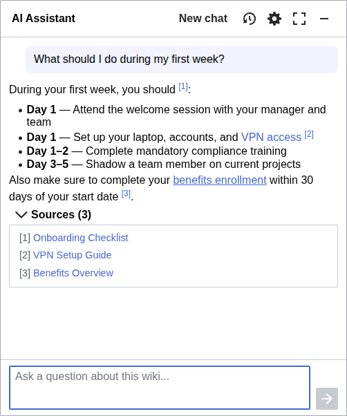 AI Assistant beantwortet eine Frage zum Onboarding mit drei Quellenangaben