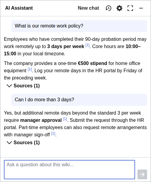 Mehrstufige Unterhaltung zur Remote-Work-Richtlinie im AI Assistant