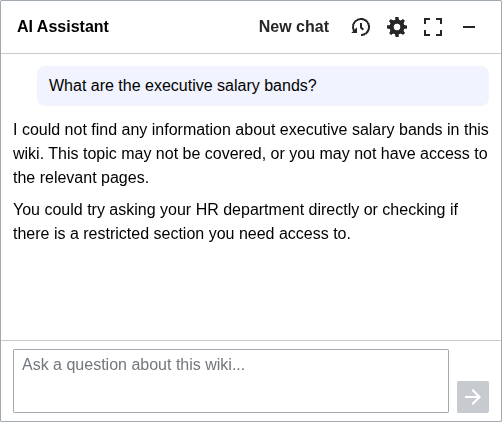 AI Assistant antwortet, dass keine Informationen zu Gehaltsgruppen der Geschäftsleitung gefunden wurden
