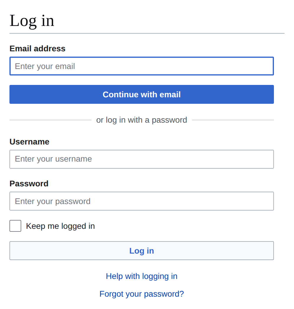 The login form: an Email address box and a Continue with email button above a divider reading 'or log in with a password' and the username and password fields