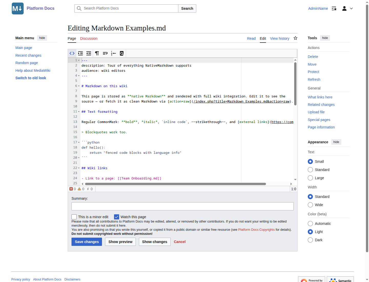 The MediaWiki edit form with Markdown syntax highlighting