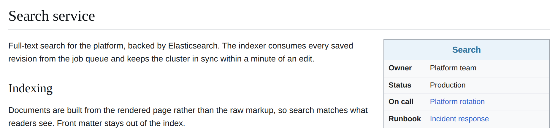 A Markdown page with a rendered service infobox template floating on the right