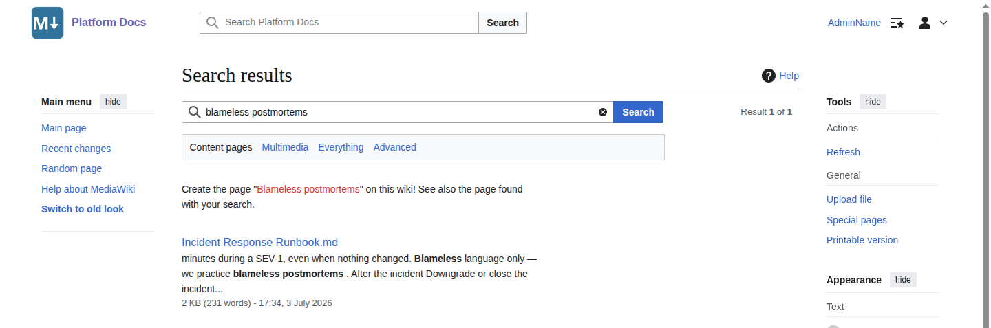 MediaWiki search results showing a clean text snippet from a Markdown page, without markup symbols