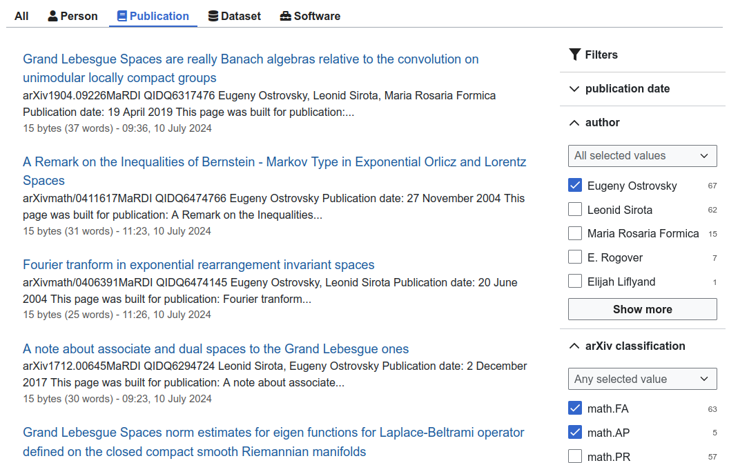 List of publications matching the search results filtered by author and classification