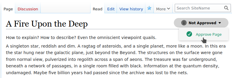 Wiki page that is marked as not approved with the dialog to approve it open