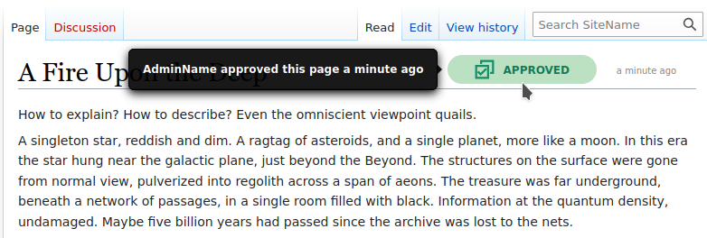 Wiki page that is marked as freshly approved with additional information shown on hover