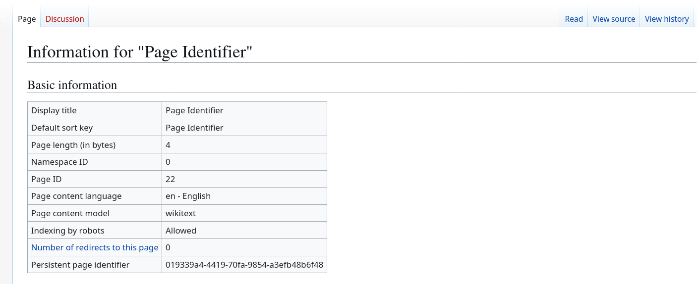 MediaWiki page information showing persistent identifier