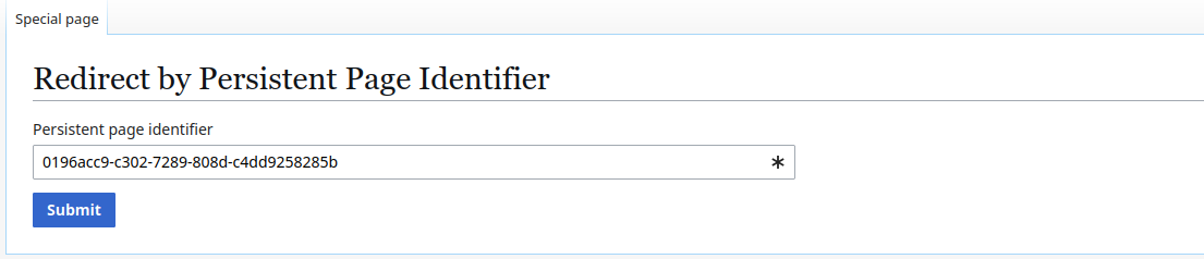 Screenshot of the Special:PersistentPageIdentifierResolver page showing the form to submit a persistent identifier