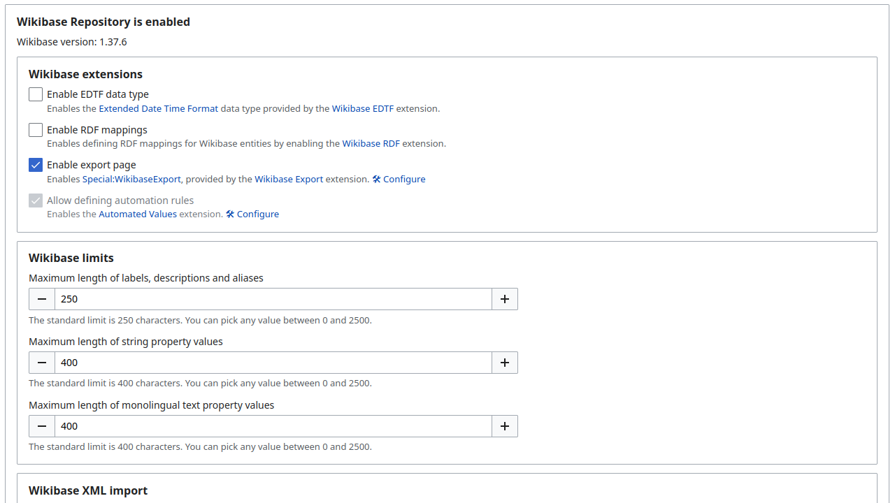 Wikibase configuration section on the ProWiki Admin Panel