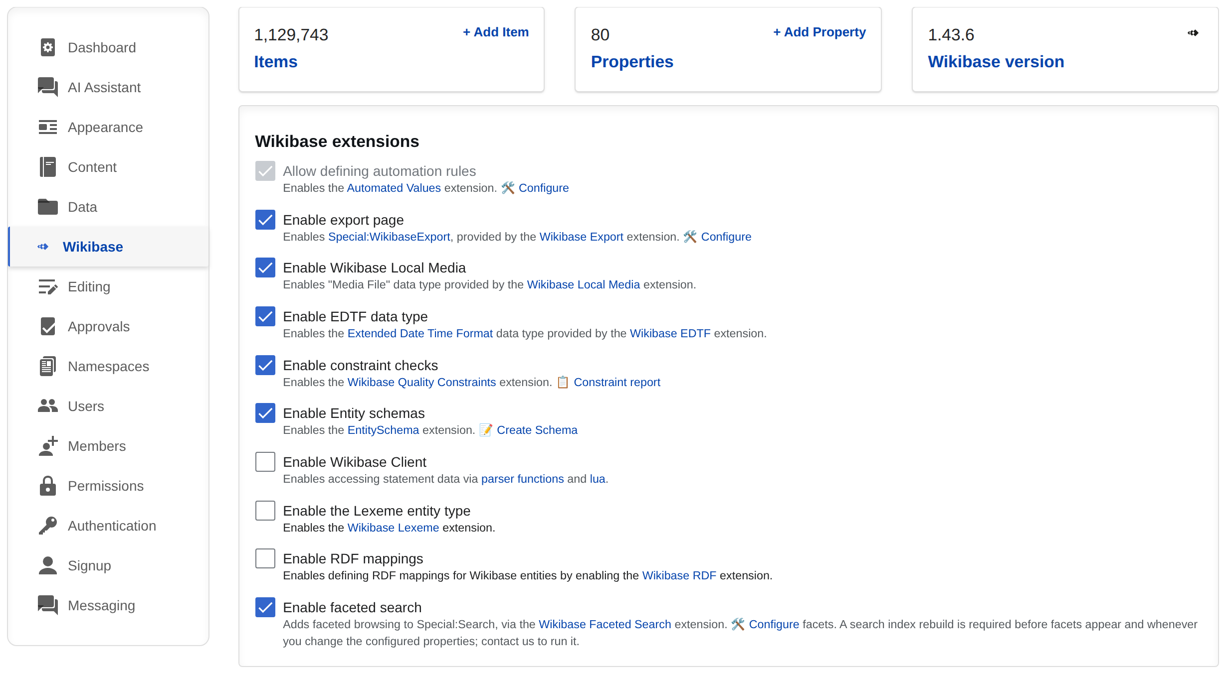 The Admin Panel's Wikibase tab, where the Wikibase extensions such as the EDTF data type, constraint checks and faceted search are switched on