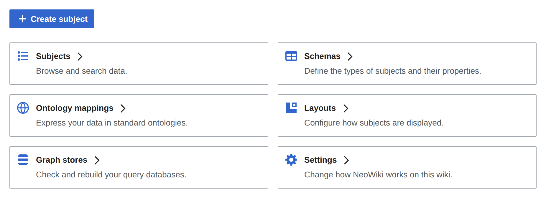 A Create subject button above six cards linking to Subjects, Schemas, Ontology mappings, Layouts, Graph stores and Settings, each with a one-line description