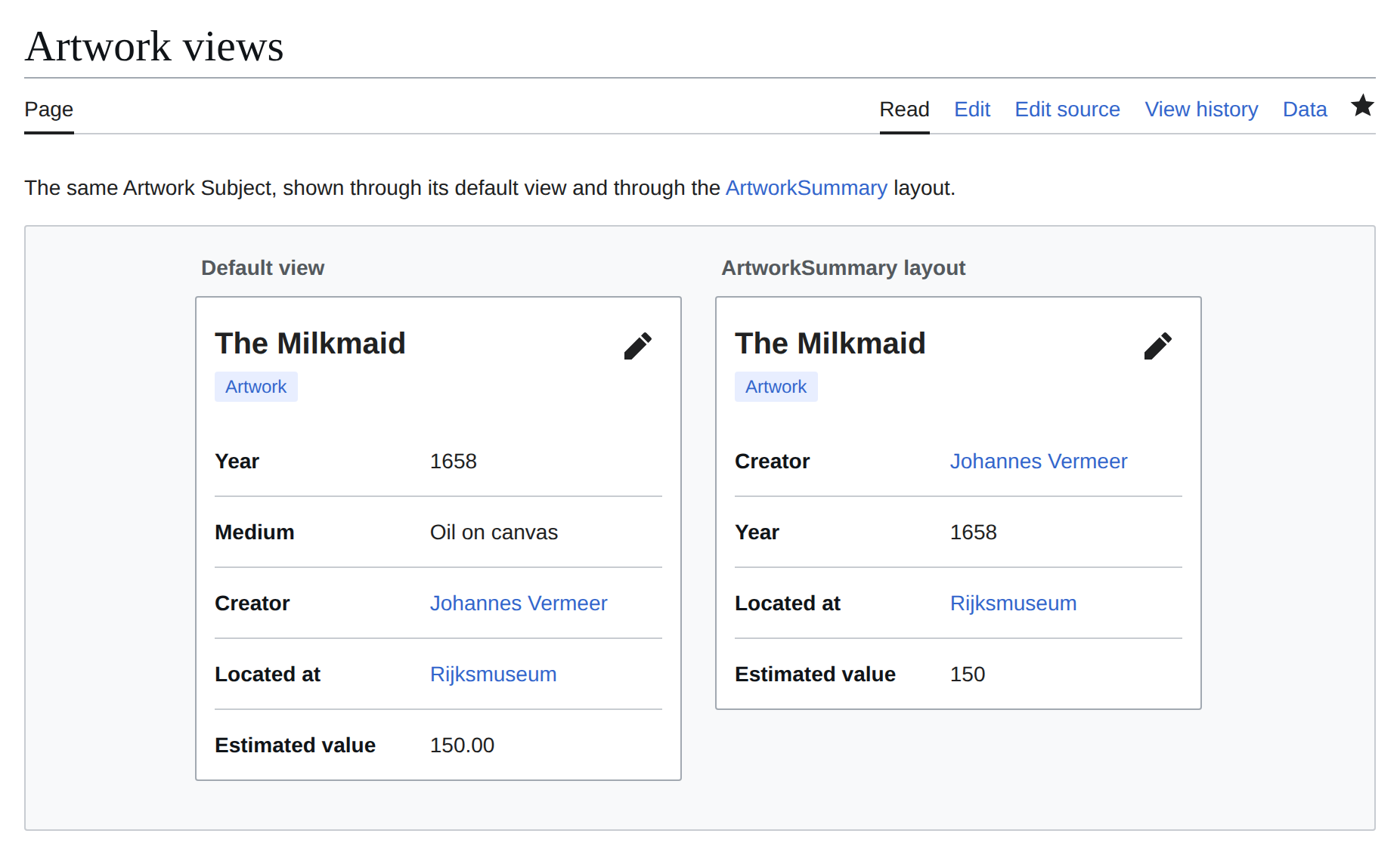 Two infoboxes for the painting The Milkmaid side by side: the default view lists year, medium, creator, location and an estimated value of 150.00, while the ArtworkSummary layout lists only creator, year, location and an estimated value of 150