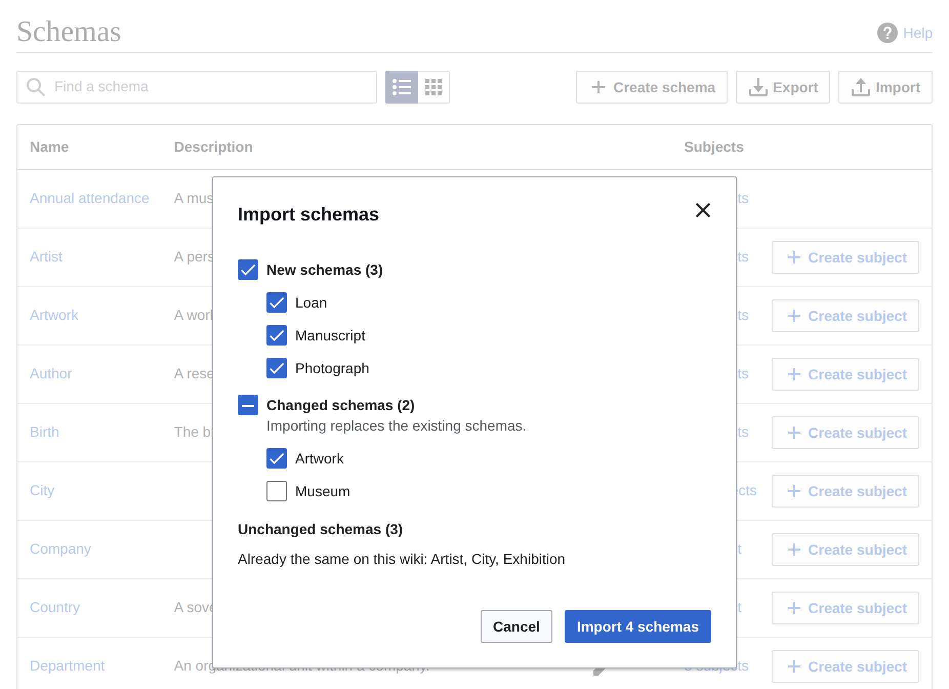 The Import schemas dialog over the Schemas page, with three new schemas selected, one of two changed schemas selected, three unchanged schemas listed, and an Import 4 schemas button