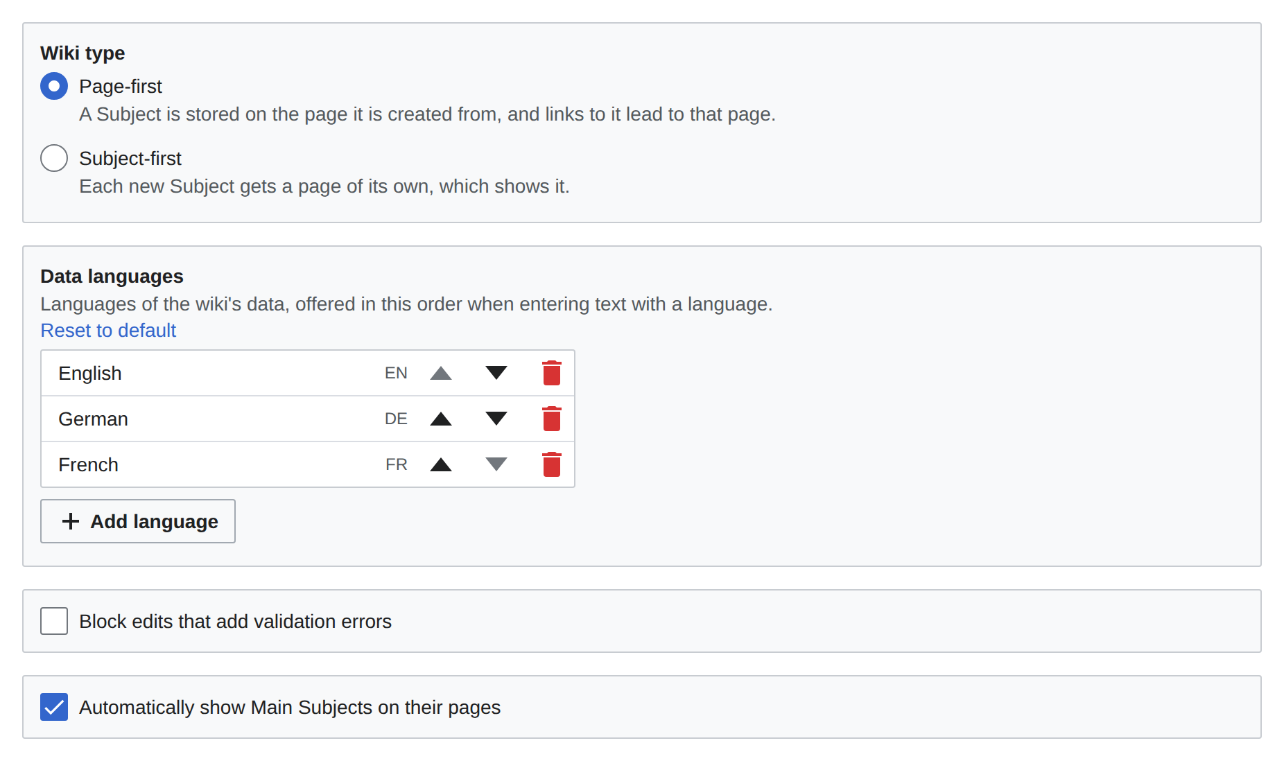 Four NeoWiki settings: the wiki type set to page-first, English, German and French as reorderable data languages, an unchecked option to block edits that add validation errors, and a checked option to show main subjects on their pages