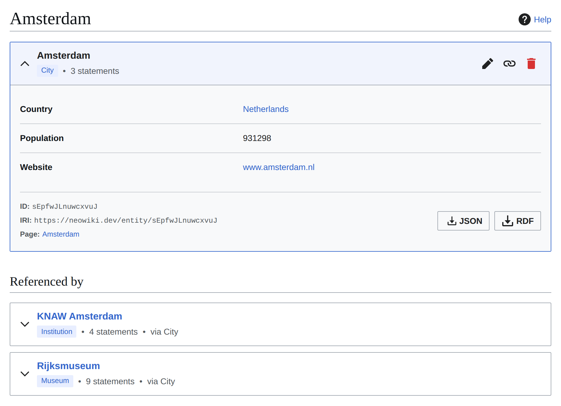 The subject page for Amsterdam, a city whose country links to the Netherlands, with its population, website, ID and IRI, JSON and RDF download buttons, and a Referenced by list with KNAW Amsterdam and the Rijksmuseum